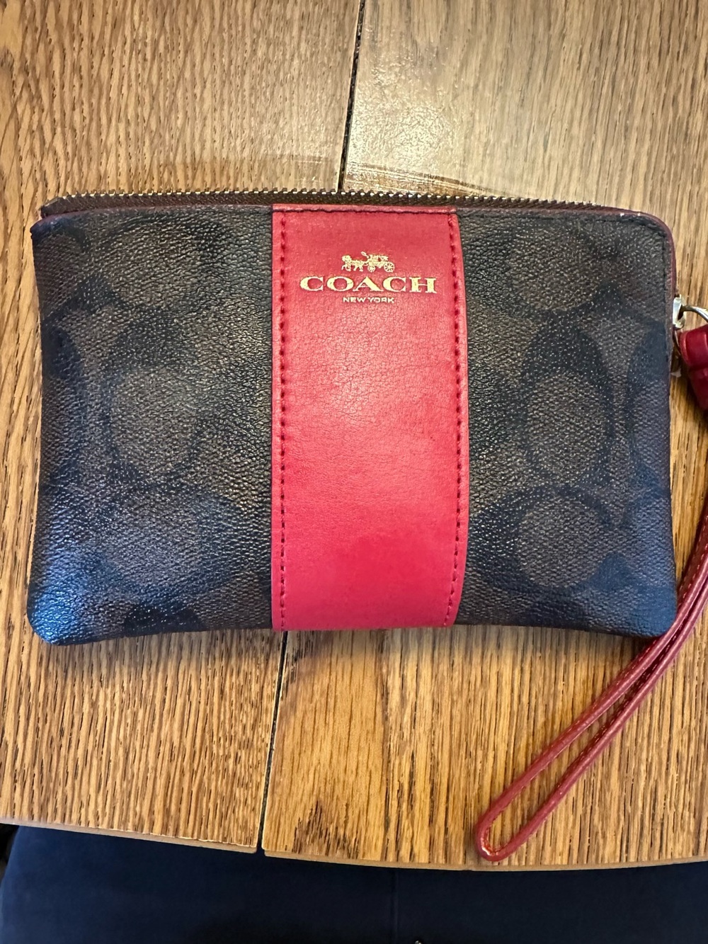 COACH Black Signature Canvas Wristlet with Red Center Stripe